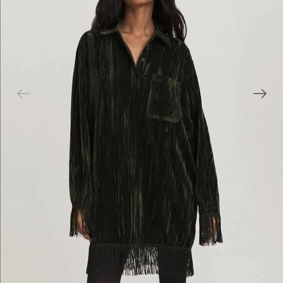 Something Navy Phoebe Velvet Emerald Shirt Dress Fringe S NWT Whimsigoth Vamp - Picture 11 of 11